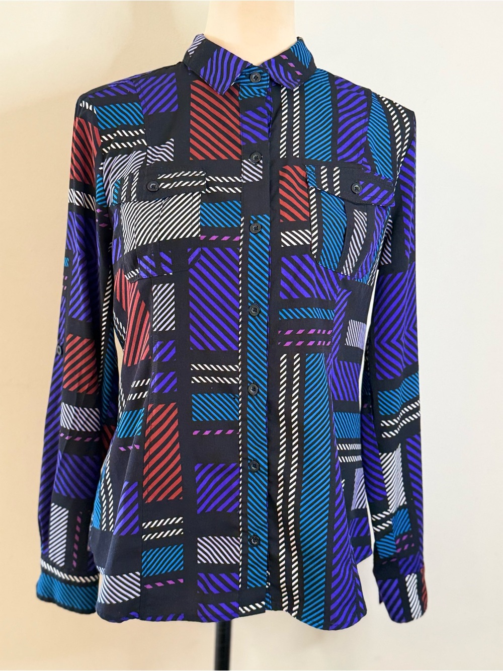 Dana Buchman vibrant button up shirt checkered striped SZ M